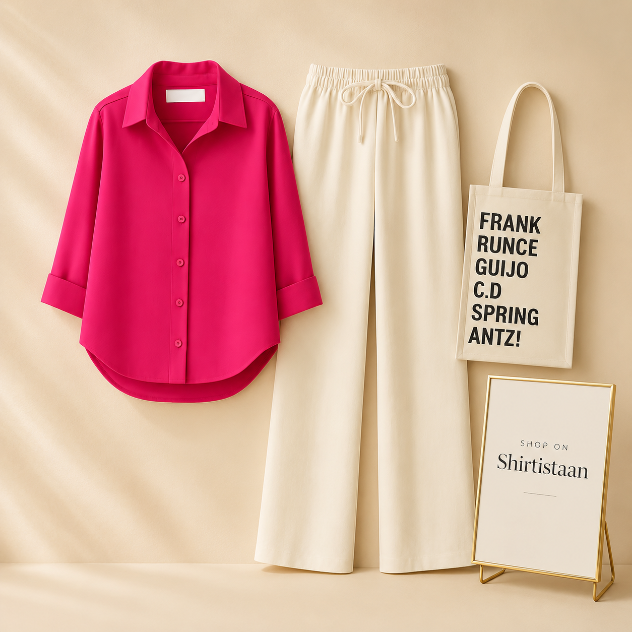 SHOCKING PINK BUTTON DOWN SHIRT WITH BEIGE FLAPPER