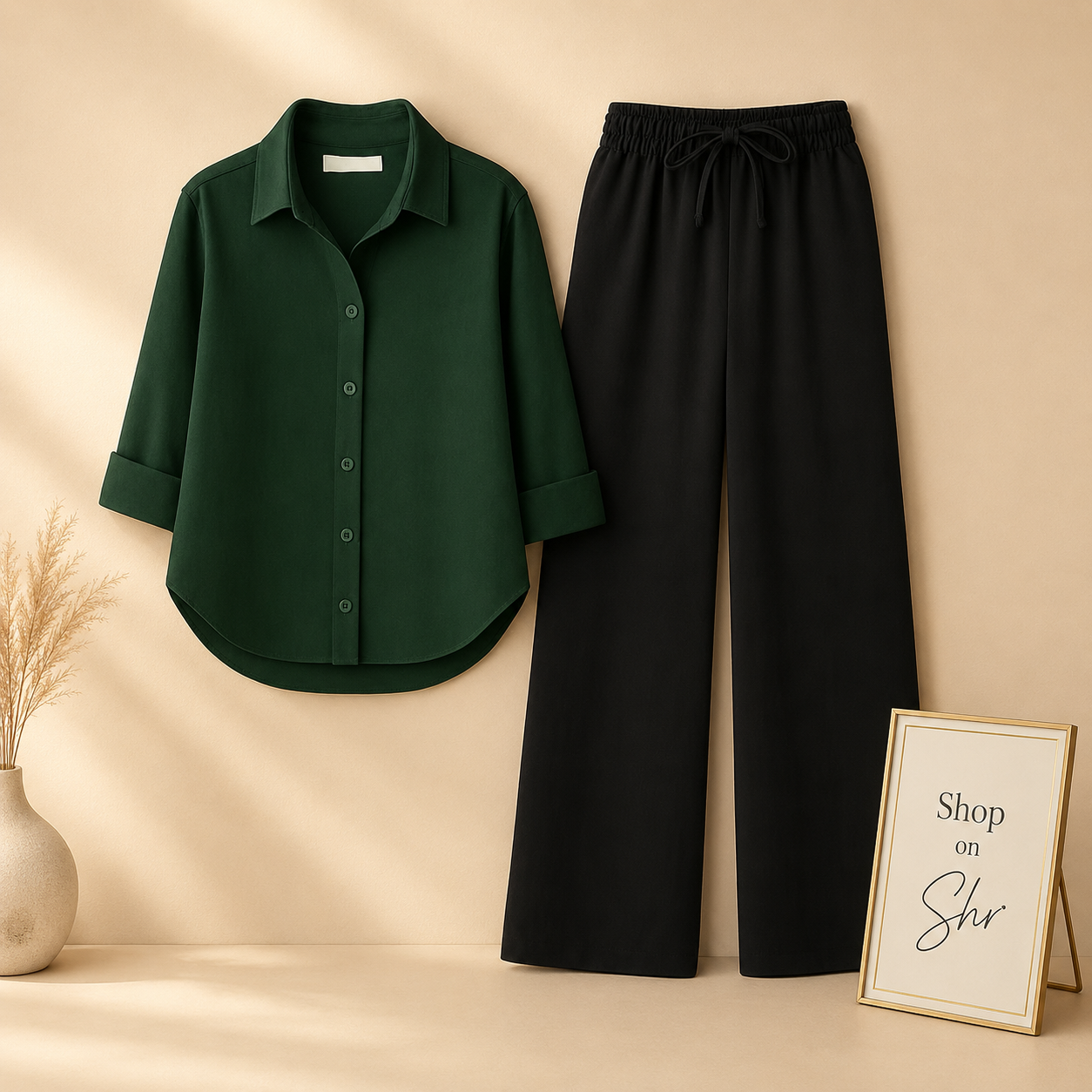 BOTTLE GREEN BUTTON DOWN SHIRT WITH BLACK FLAPPER