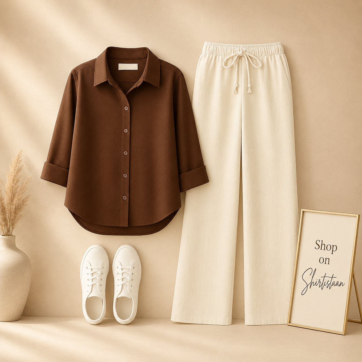 BROWN BUTTON DOWN SHIRT WITH BEIGE FLAPPER