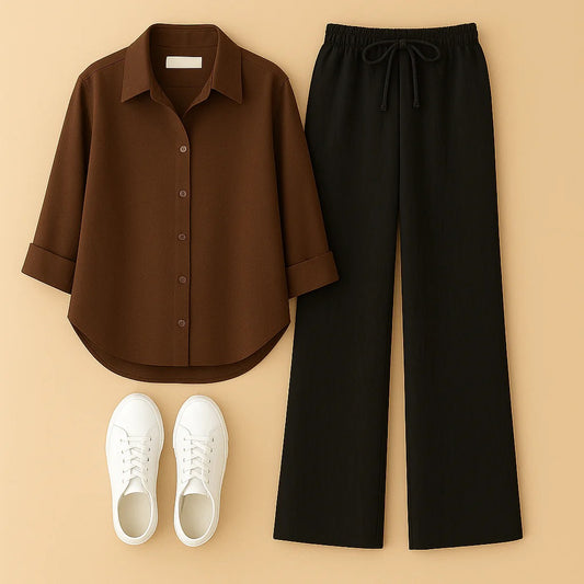 BROWN BUTTON DOWN SHIRT WITH BLACK FLAPPER