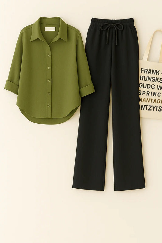 OLIVE GREEN BUTTON DOWN SHIRT WITH BLACK FLAPPER