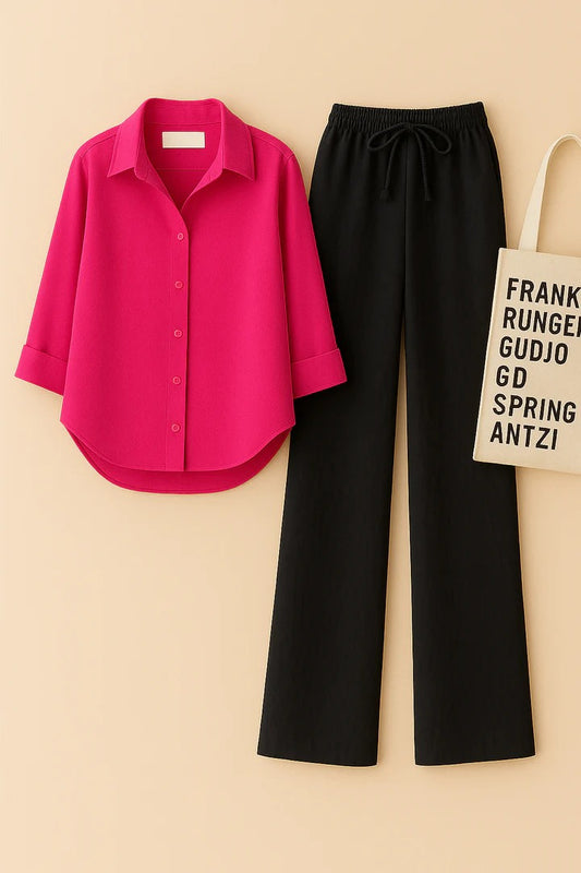 SHOCKING PINK BUTTON DOWN SHIRT WITH BLACK FLAPPER