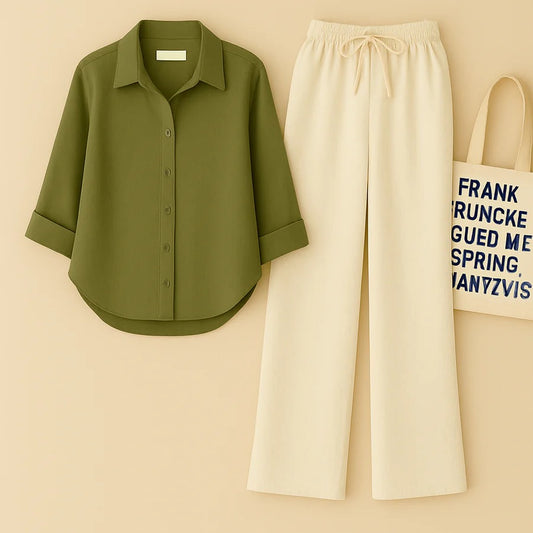 OLIVE GREEN BUTTON DOWN SHIRT WITH BEIGE FLAPPER