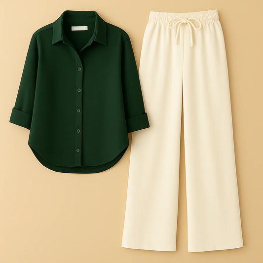 BOTTLE GREEN BUTTON DOWN SHIRT WITH BEIGE FLAPPER