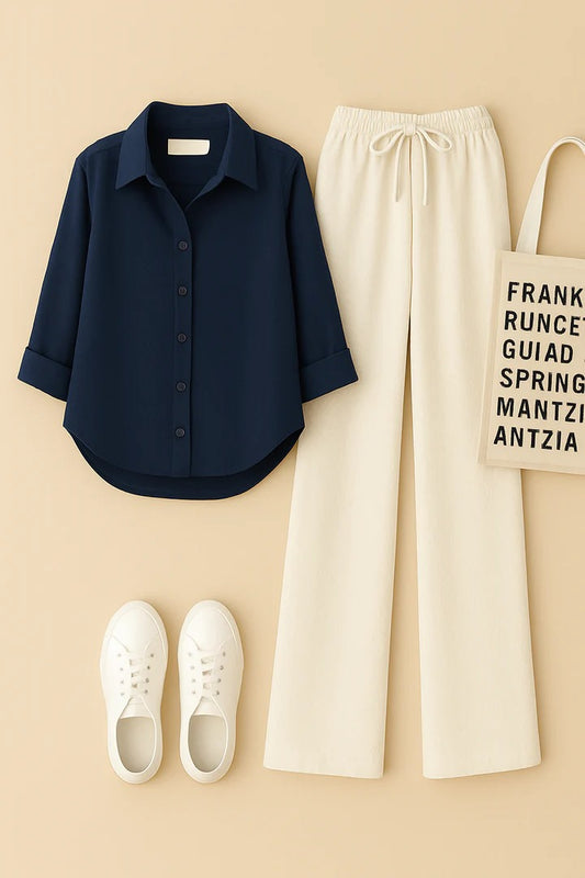 NAVY BLUE BUTTON DOWN SHIRT WITH BEIGE FLAPPER