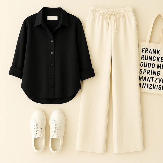 BLACK BUTTON DOWN SHIRT WITH BEIGE FLAPPER