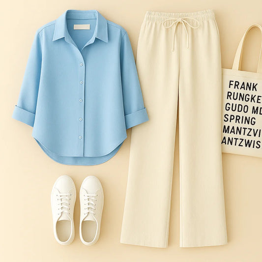 SKY BLUE BUTTON DOWN SHIRT WITH BEIGE FLAPPER