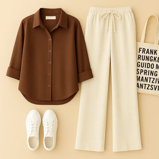 BROWN BUTTON DOWN SHIRT WITH BEIGE FLAPPER