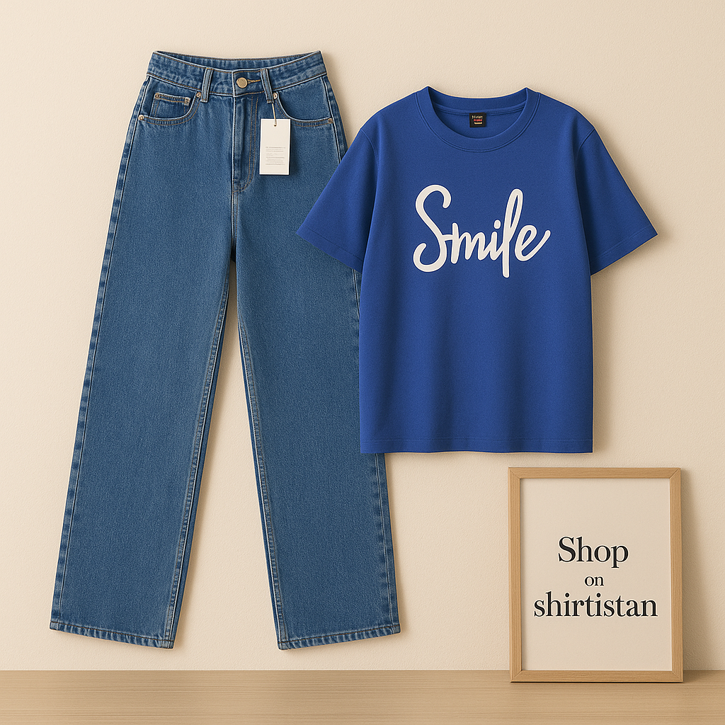 MID BLUE WIDE LEG JEANS WITH ROYAL BLUE TEE SMILE HEART