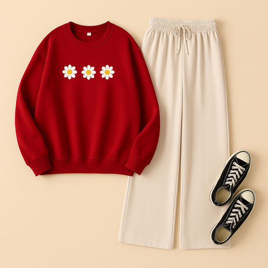 3 DAISY RED SWEATSHIRT WITH BEIGE FLAPPER