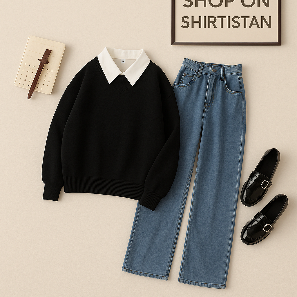 BLACK COLLAR SWEATSHIRT WITH MID BLUE WIDE LEG