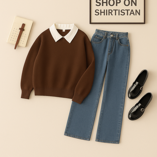 BROWN COLLAR SWEATSHIRT WITH MID BLUE WIDE LEG