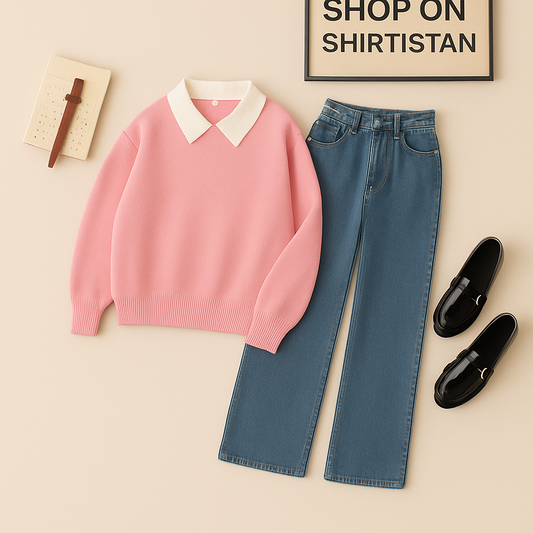 PINK COLLAR SWEATSHIRT WITH MID BLUE WIDE LEG