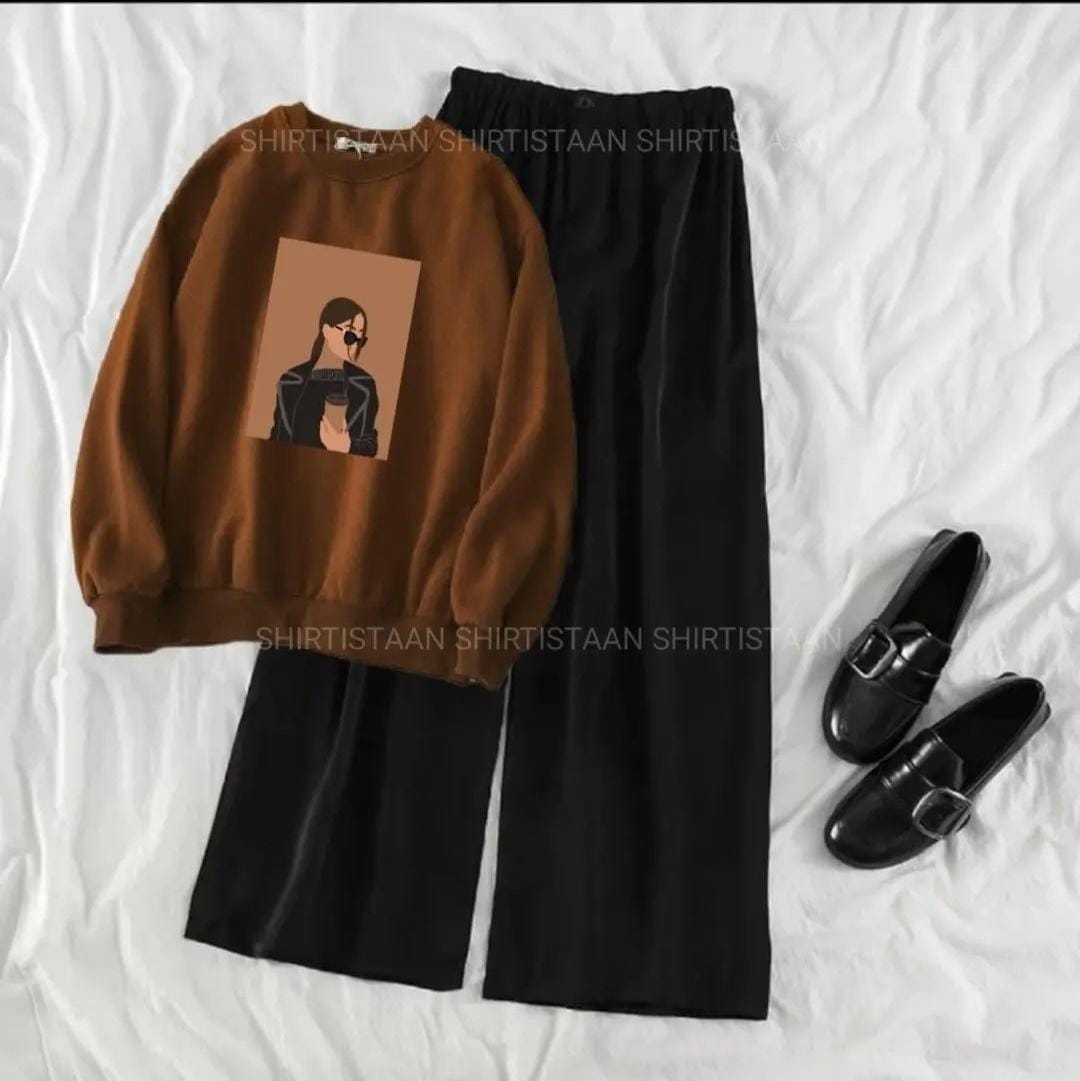 COFEE GIRL BROWN SWEATSHIRT WITH BLACK FLAPPER TROUSER