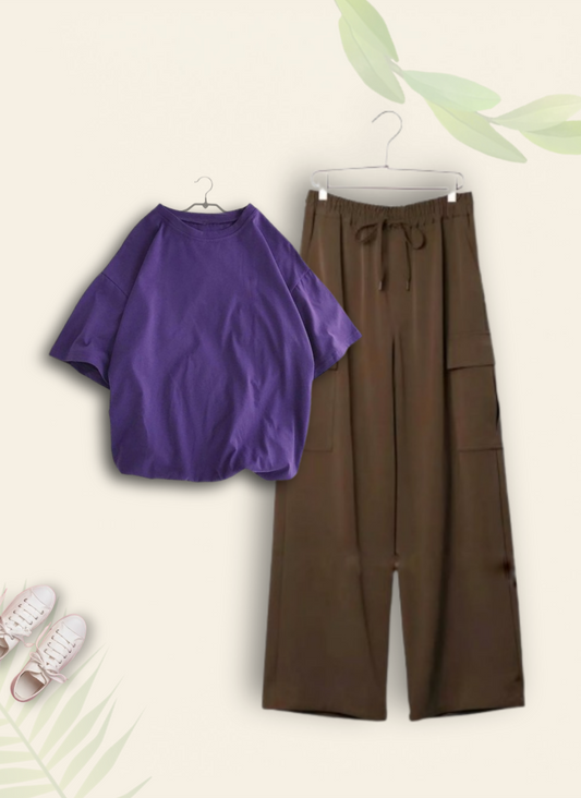 PURPLE TSHIRT WITH BROWN CARGO TROUSER