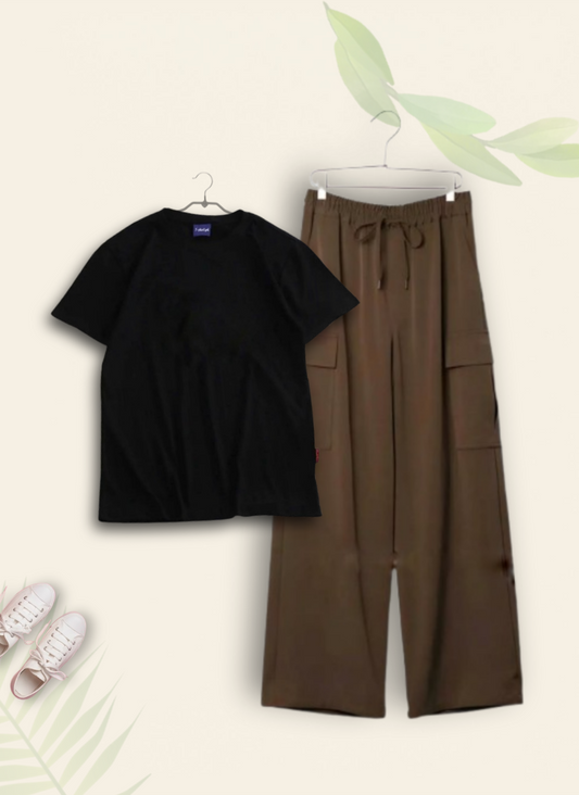 BLACK TSHIRT WITH BROWN CARGO TROUSER