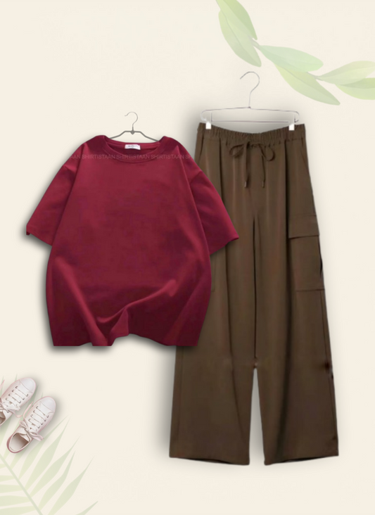 MAROON TSHIRT WITH BROWN CARGO TROUSER