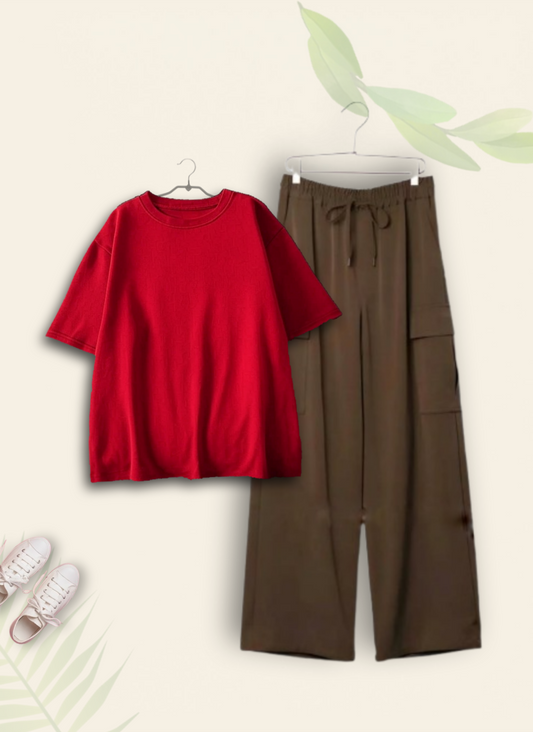 RED TSHIRT WITH BROWN CARGO TROUSER
