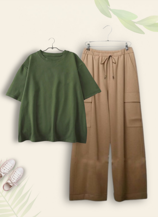 OLIVE GREEN TSHIRT WITH BEIGE CARGO TROUSER