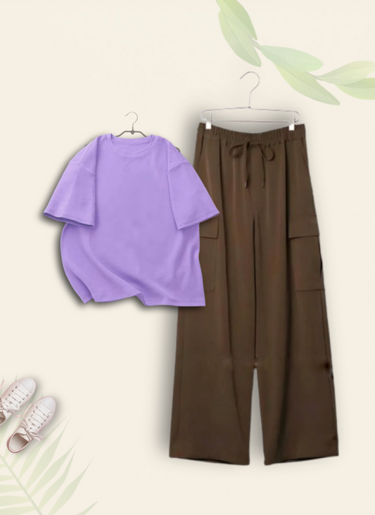 LILAC TSHIRT WITH BROWN CARGO TROUSER