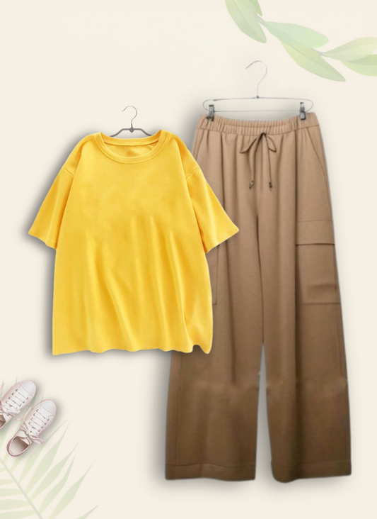 YELLOW TSHIRT WITH BEIGE CARGO TROUSER
