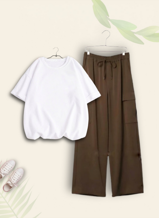 WHITE TSHIRT WITH BROWN CARGO TROUSER
