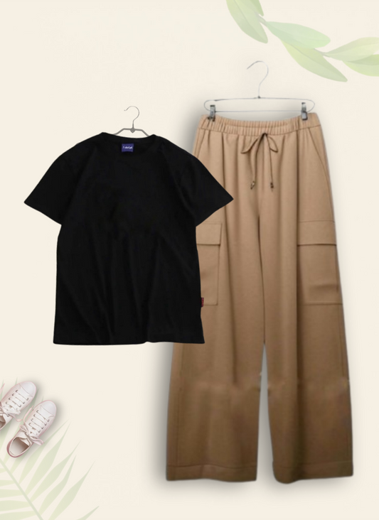 BLACK TSHIRT WITH BEIGE CARGO TROUSER