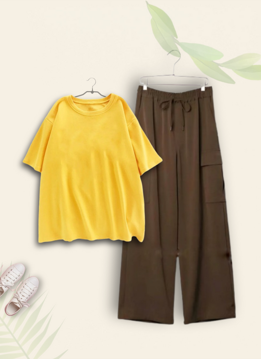 YELLOW TSHIRT WITH BROWN CARGO TROUSER
