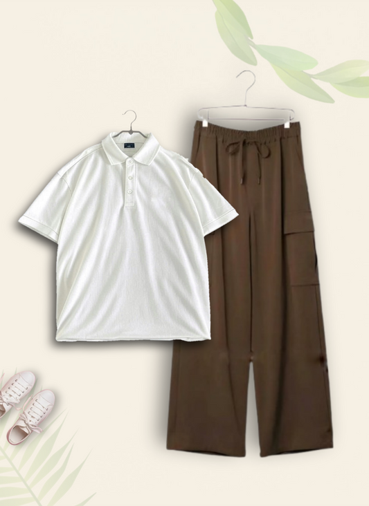 WHITE POLO SHIRT WITH BROWN CARGO TROUSER