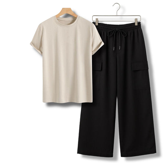 BEIGE TSHIRT WITH BLACK CARGO TROUSER