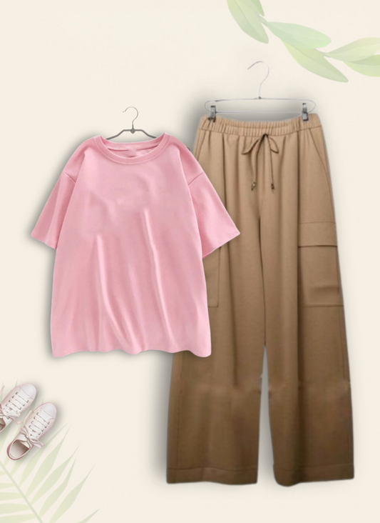 PINK TSHIRT WITH BEIGE CARGO TROUSER