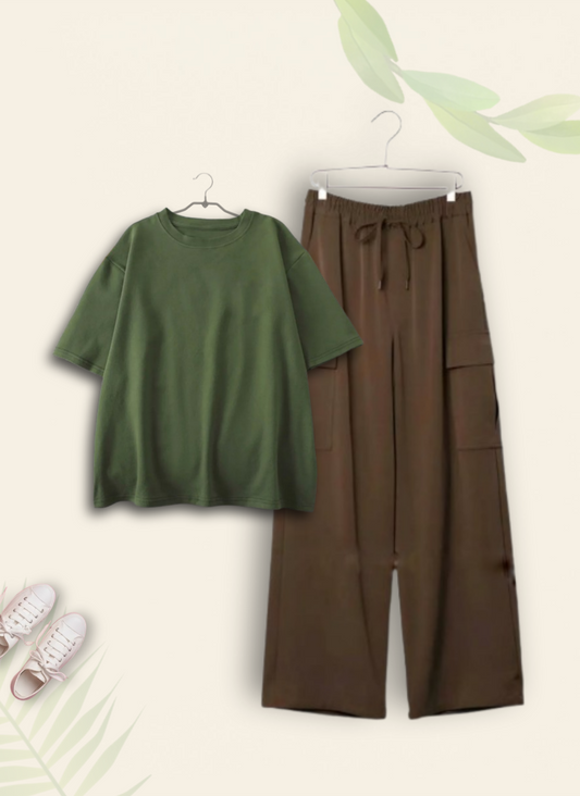 OLIVE TREE TSHIRT WITH BROWN CARGO TROUSER