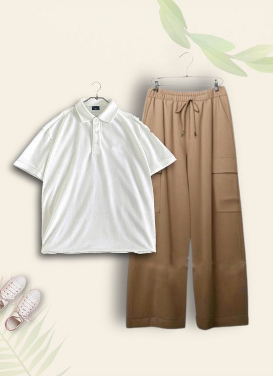 WHITE POLO SHIRT WITH BEIGE CARGO TROUSER