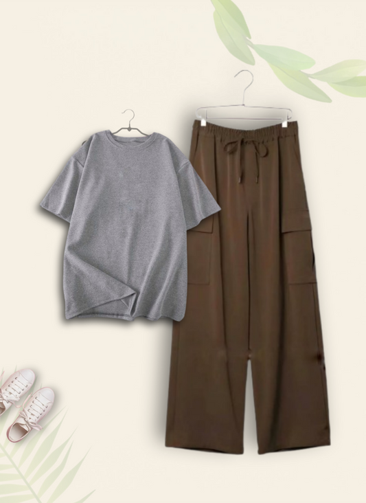 GREY TSHIRT WITH BROWN CARGO TROUSER