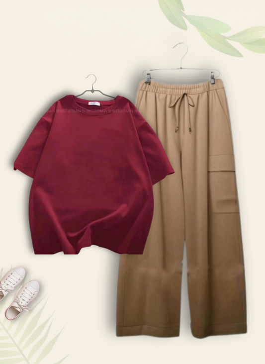 MAROON TSHIRT WITH BEIGE CARGO TROUSER