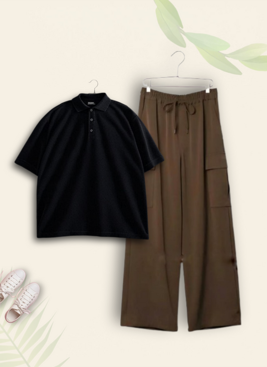 BLACK POLO SHIRT WITH BROWN CARGO TROUSER