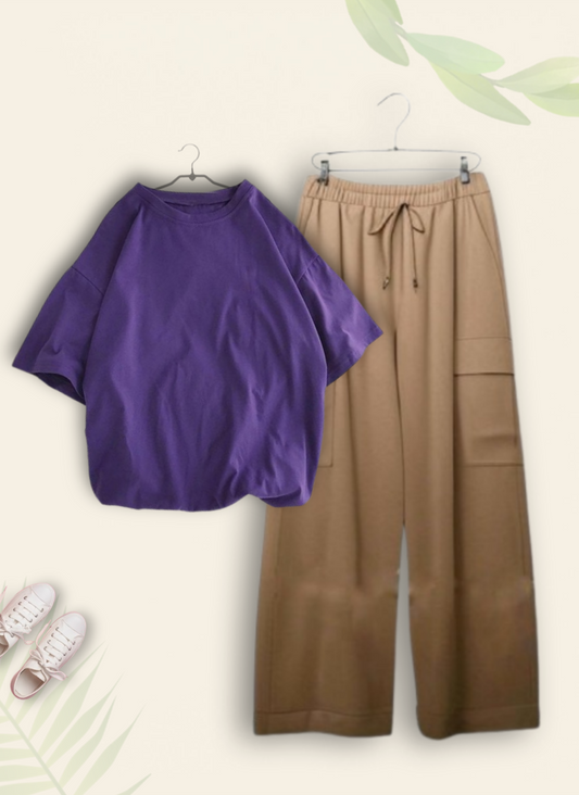 PURPLE TSHIRT WITH BEIGE CARGO TROUSER