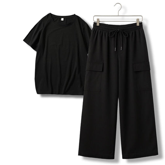 BLACK TSHIRT WITH BLACK CARGO TROUSER