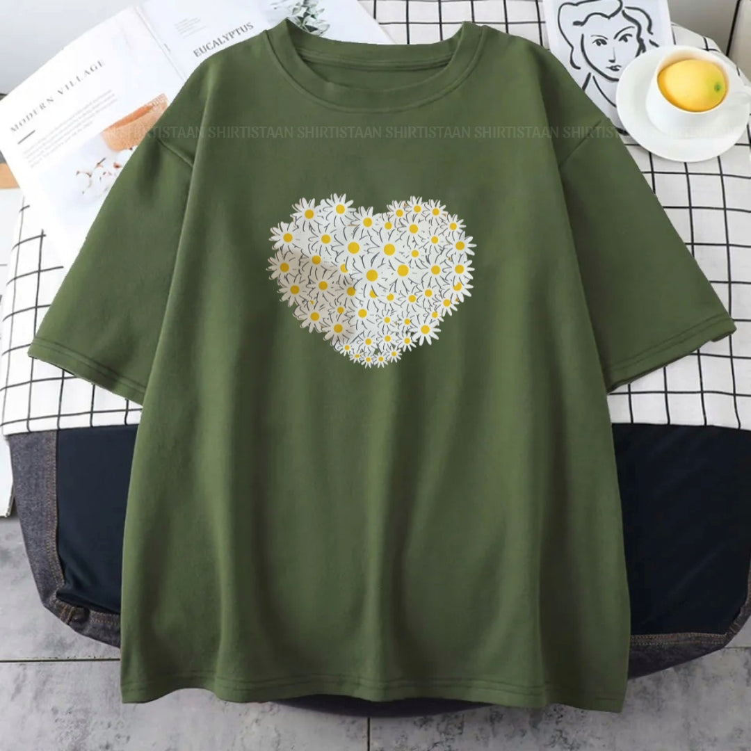 DAISY HEART OLIVE GREEN TSHIRT