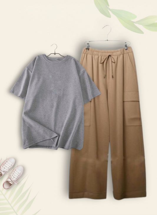 GREY TSHIRT WITH BEIGE CARGO TROUSER