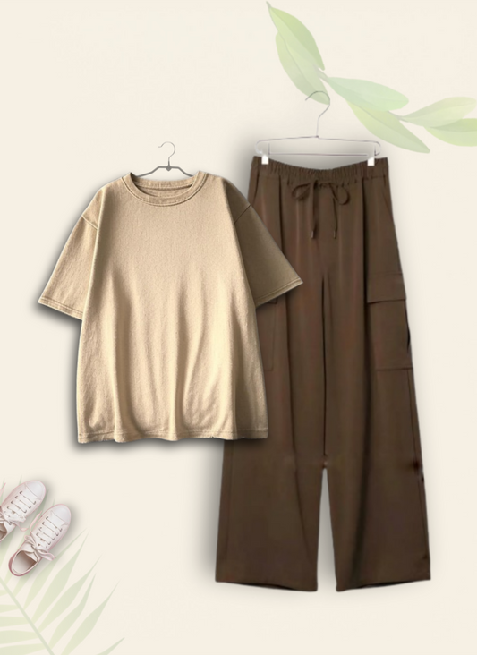 BEIGE TSHIRT WITH BROWN CARGO TROUSER