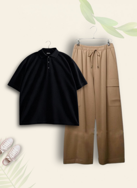 BLACK POLO SHIRT WITH BEIGE CARGO TROUSER