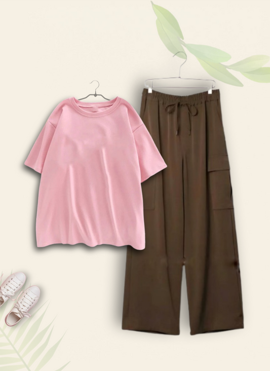 PINK TSHIRT WITH BROWN CARGO TROUSER