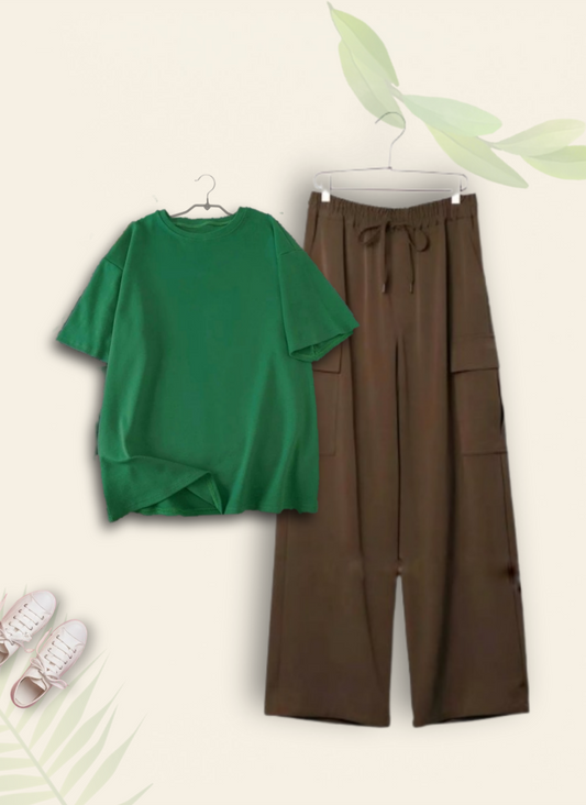 BOTTLE GREEN TSHIRT WITH BROWN CARGO TROUSER