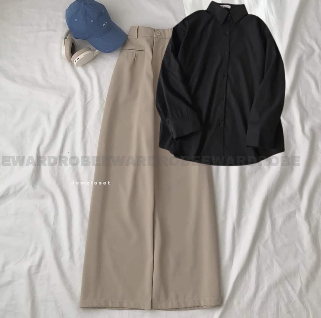 BLACK BUTTON SHIRT WITH BEIGE WIDE LEG JEANS