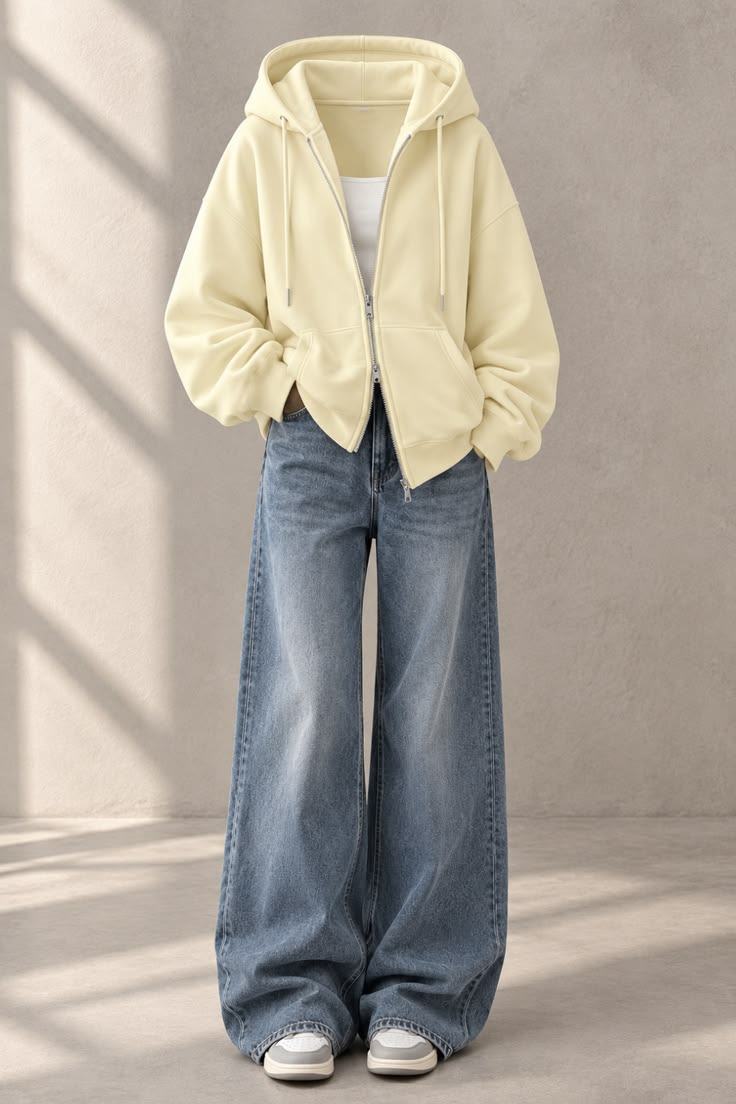 Lime Yellow  Zipper With White Tee &  Mid Light Blue Vintage Jeans