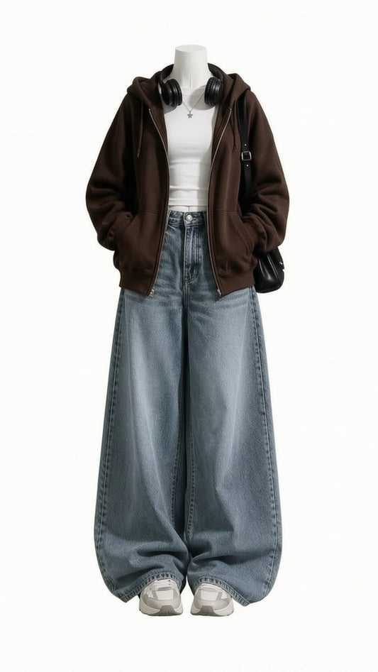 Brown Zipper With White Tee &  Mid Light Blue Vintage Jeans