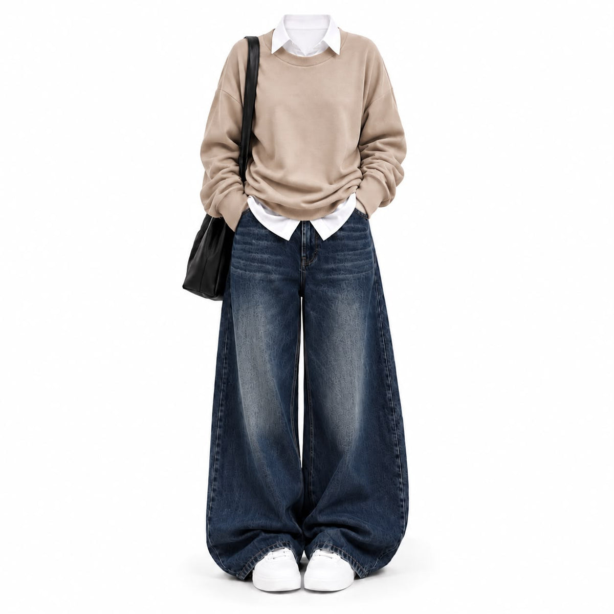 Beige Sweatshirt With White Button Down &  Dark Blue Vintage Jeans