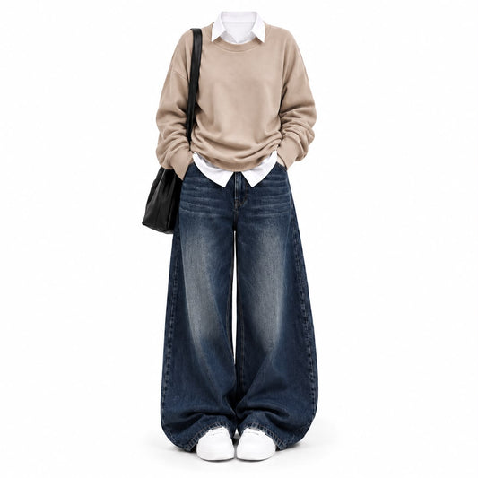 Beige Sweatshirt With White Button Down &  Dark Blue Vintage Jeans