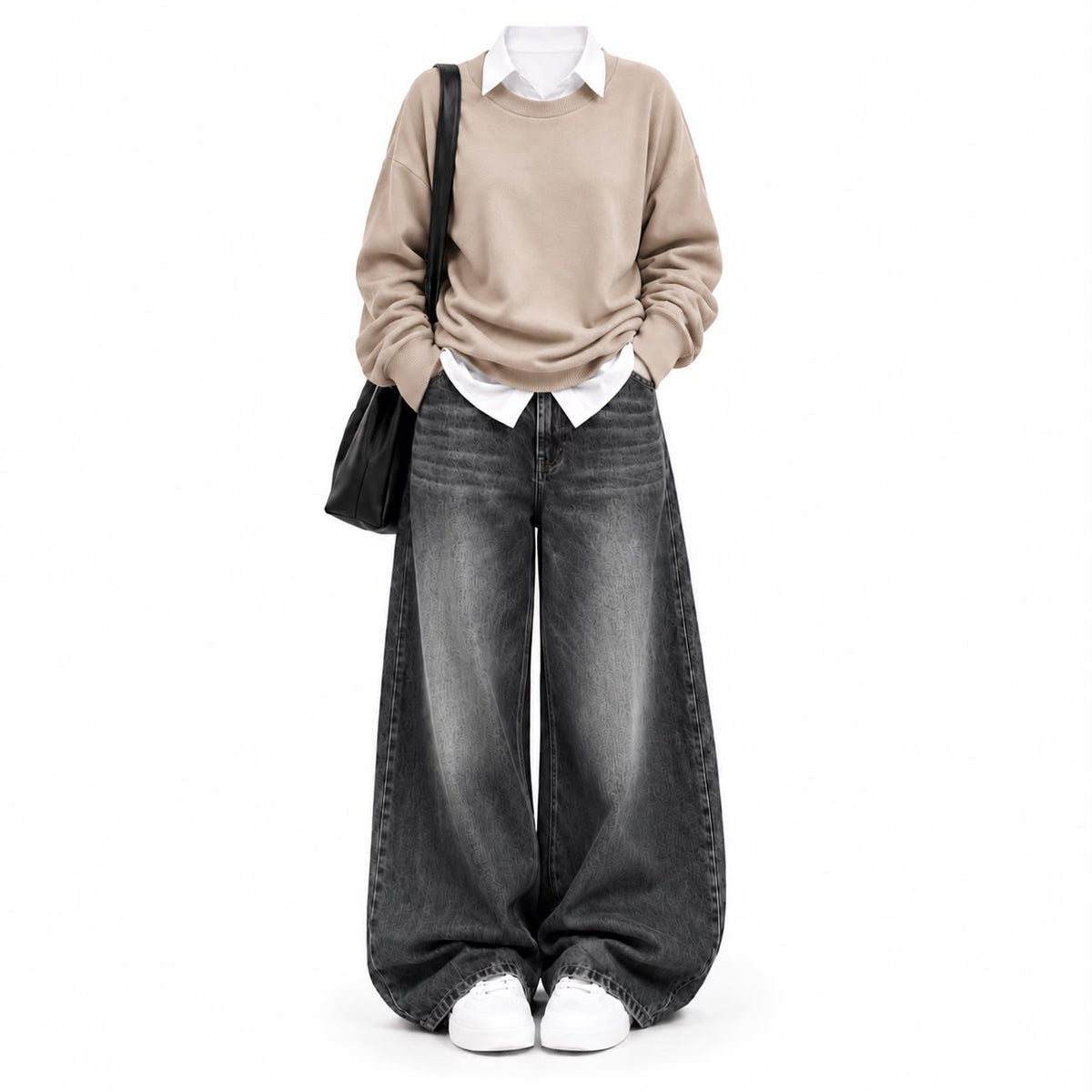 Beige Sweatshirt With White Button Down &  Black Vintage Jeans